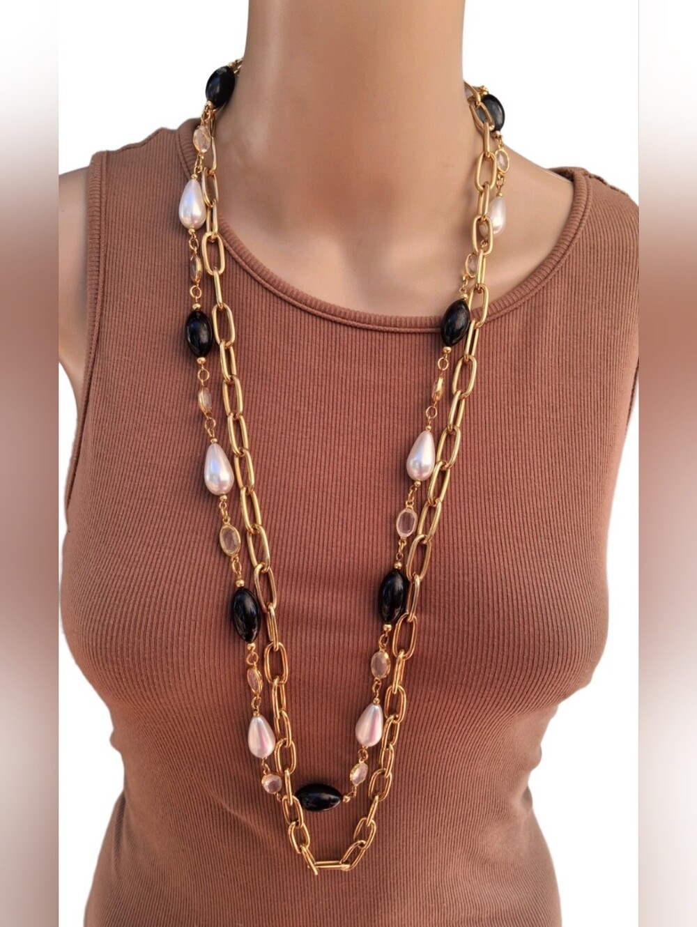 Vintage Faux Pearl & Black Bead Layered Gold Tone Station Chain Necklace